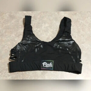 Pink women's M sports bra palm trees Strappy black lightweight ultimate